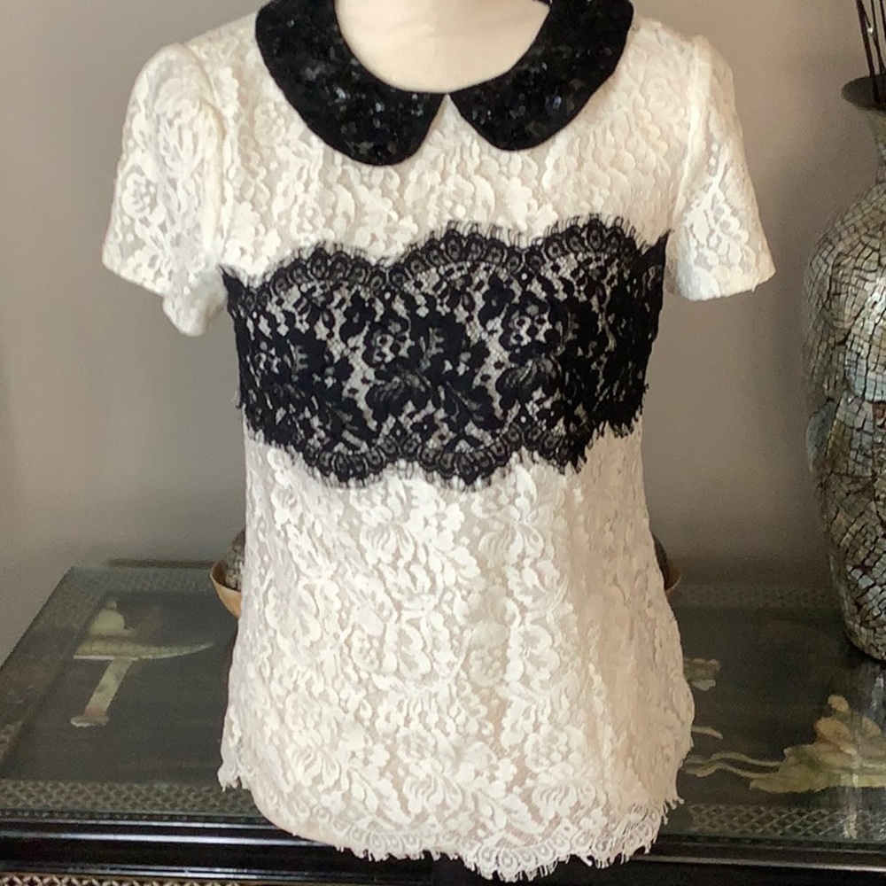 Women's Black & White Peter Som X Made In Kind Lace Blouse Top Short Sleeve Sz 2
